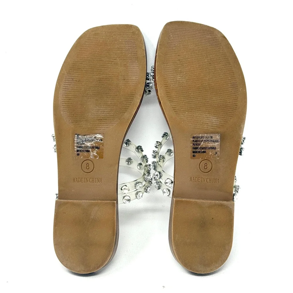 Steve Madden Skyler Clear Rhinestone Strappy Flat Sandal Tan 8M Glam Going Out